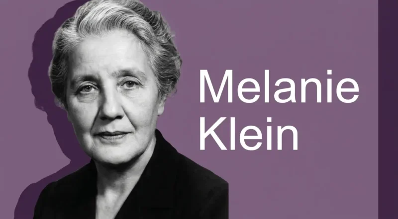Retrato em preto e branco da psicanalista Melanie Klein em fundo roxo, ao lado do seu nome escrito em tipografia branca.